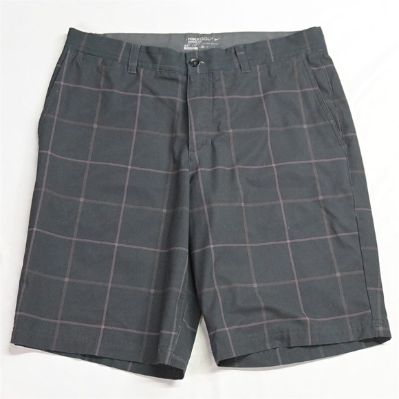 Nike 32 x 10" 725700 Black Print Plaid Dri Fit Flat Front Golf Shorts - Picture 1 of 7